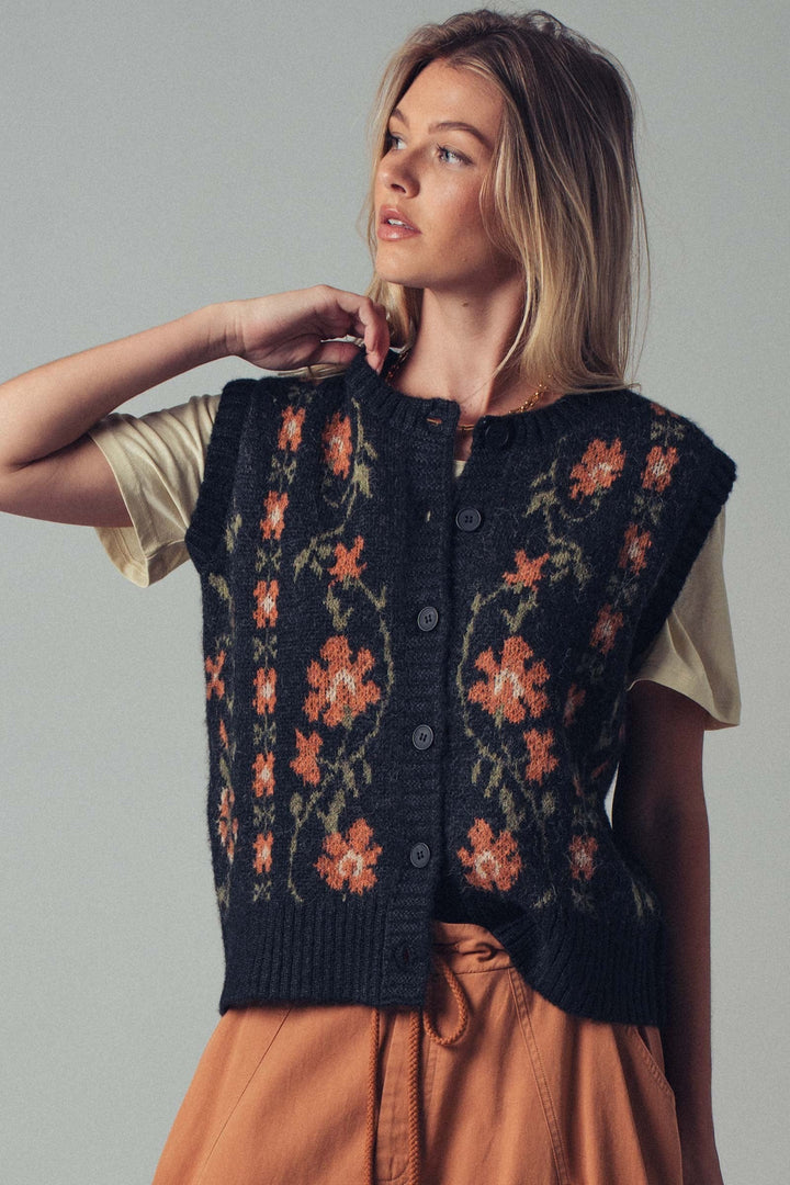 Chic Floral Knit Button Up Sweater Vest