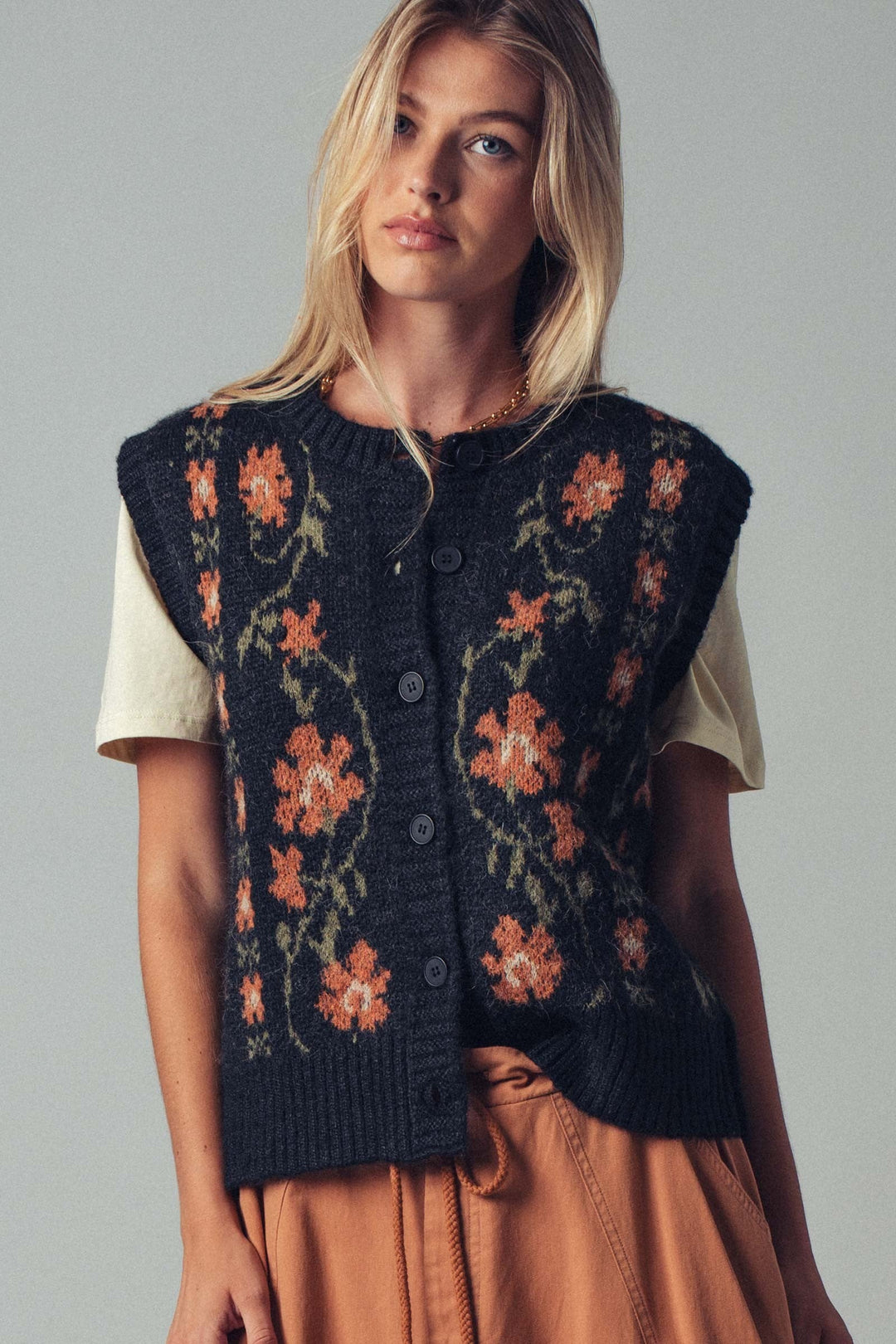 Chic Floral Knit Button Up Sweater Vest, additional view