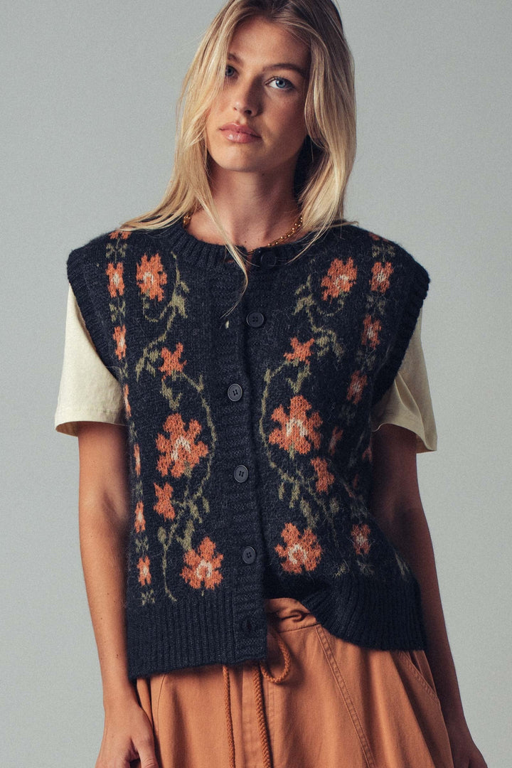 Chic Floral Knit Button Up Sweater Vest, additional view