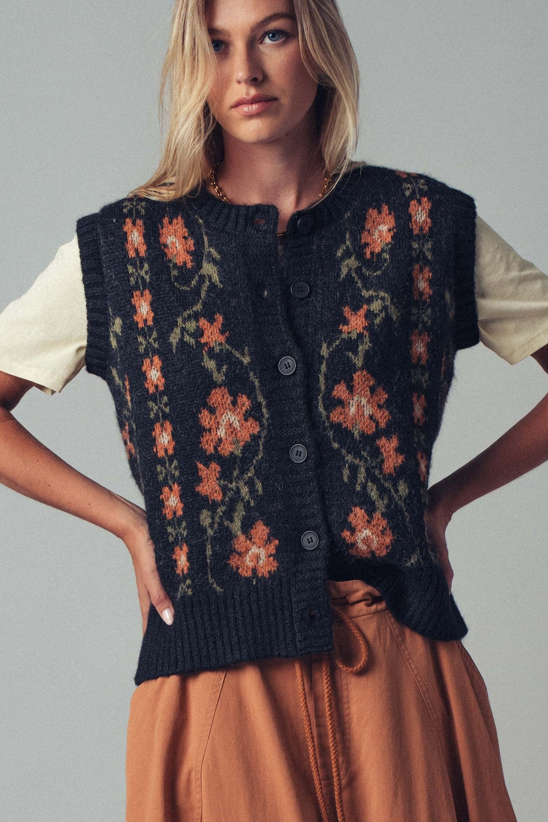 Chic Floral Knit Button Up Sweater Vest, additional view
