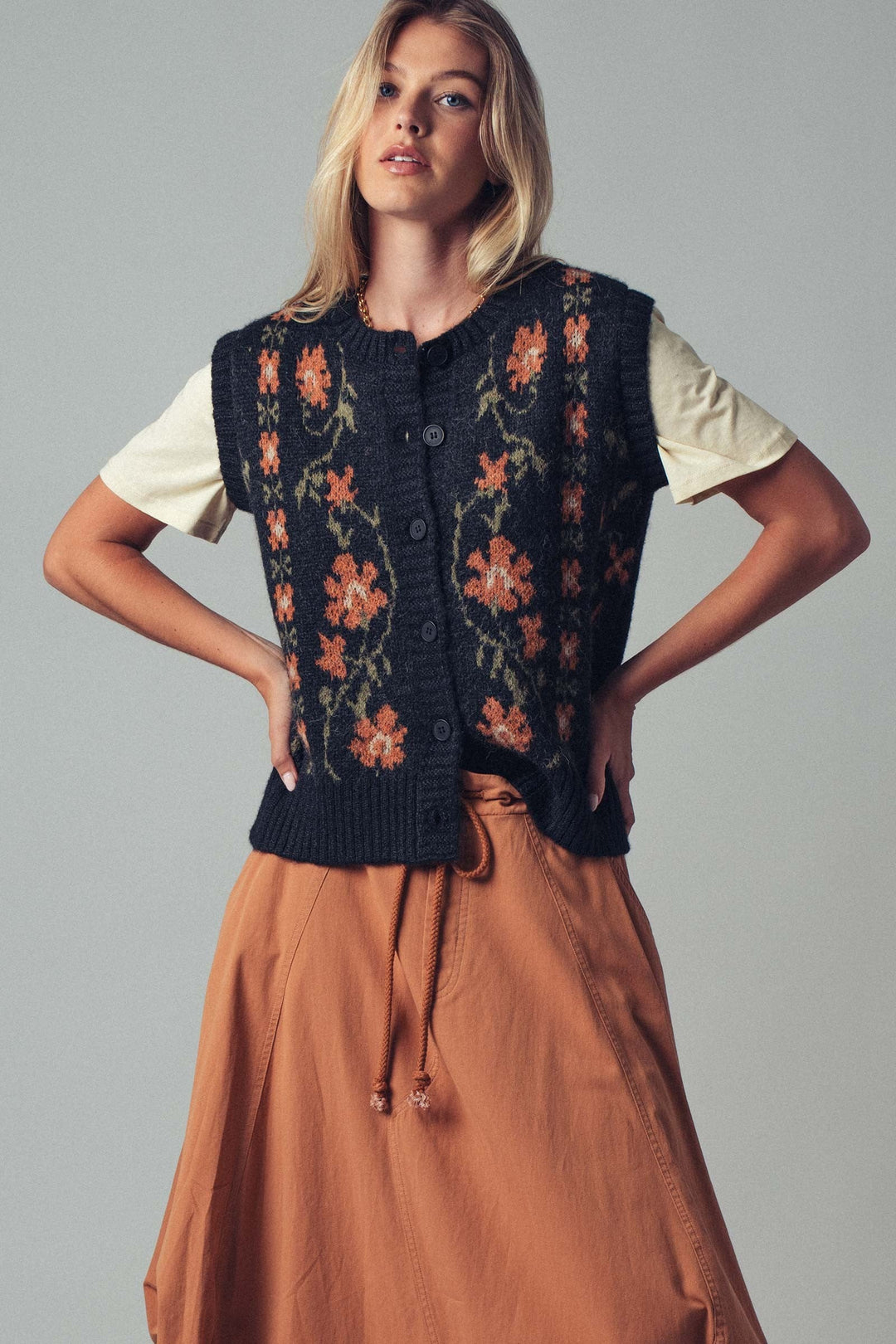 Chic Floral Knit Button Up Sweater Vest, additional view