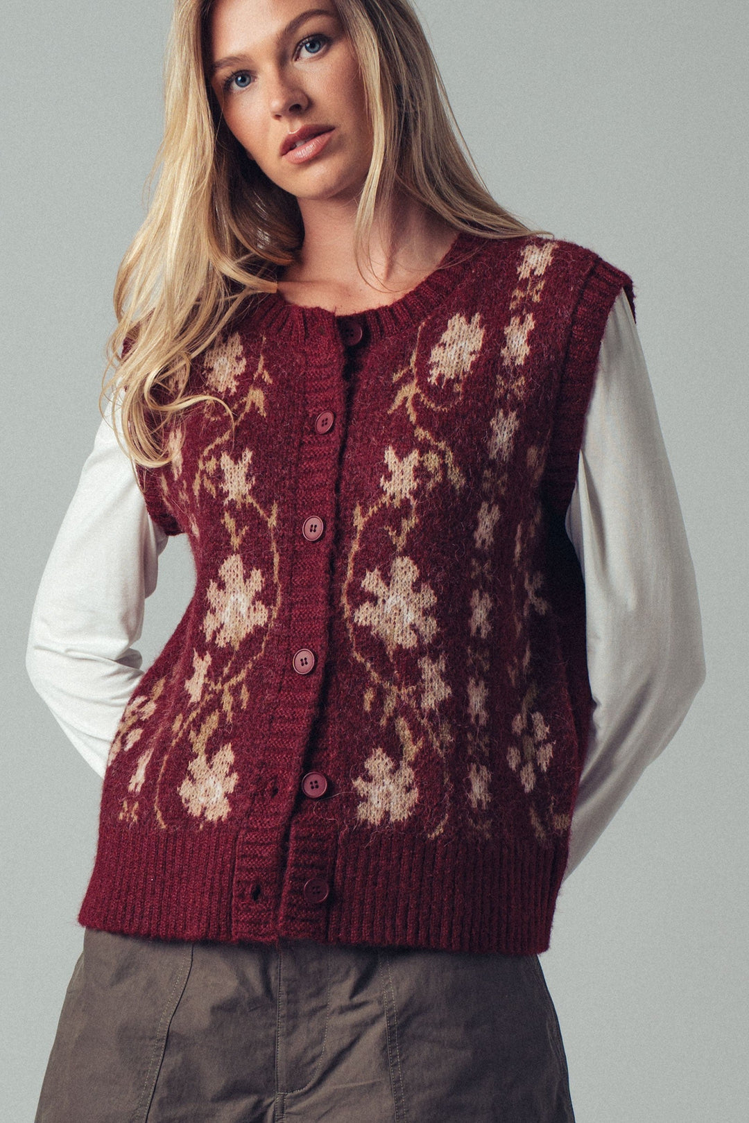 Chic Floral Knit Button Up Sweater Vest, additional view