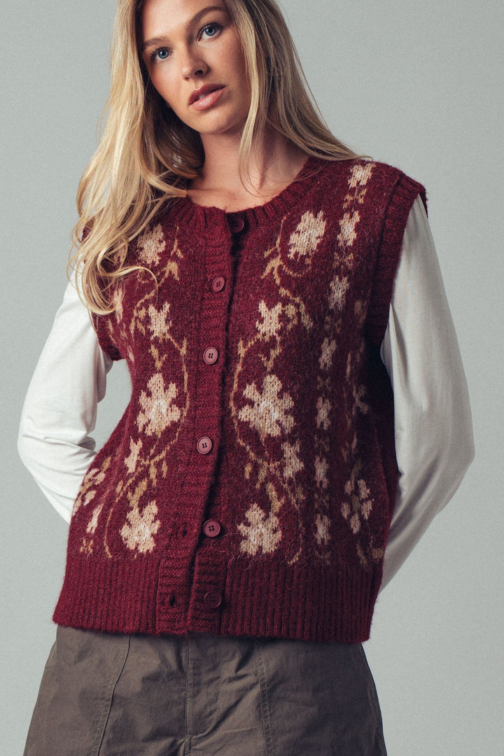 Chic Floral Knit Button Up Sweater Vest, additional view