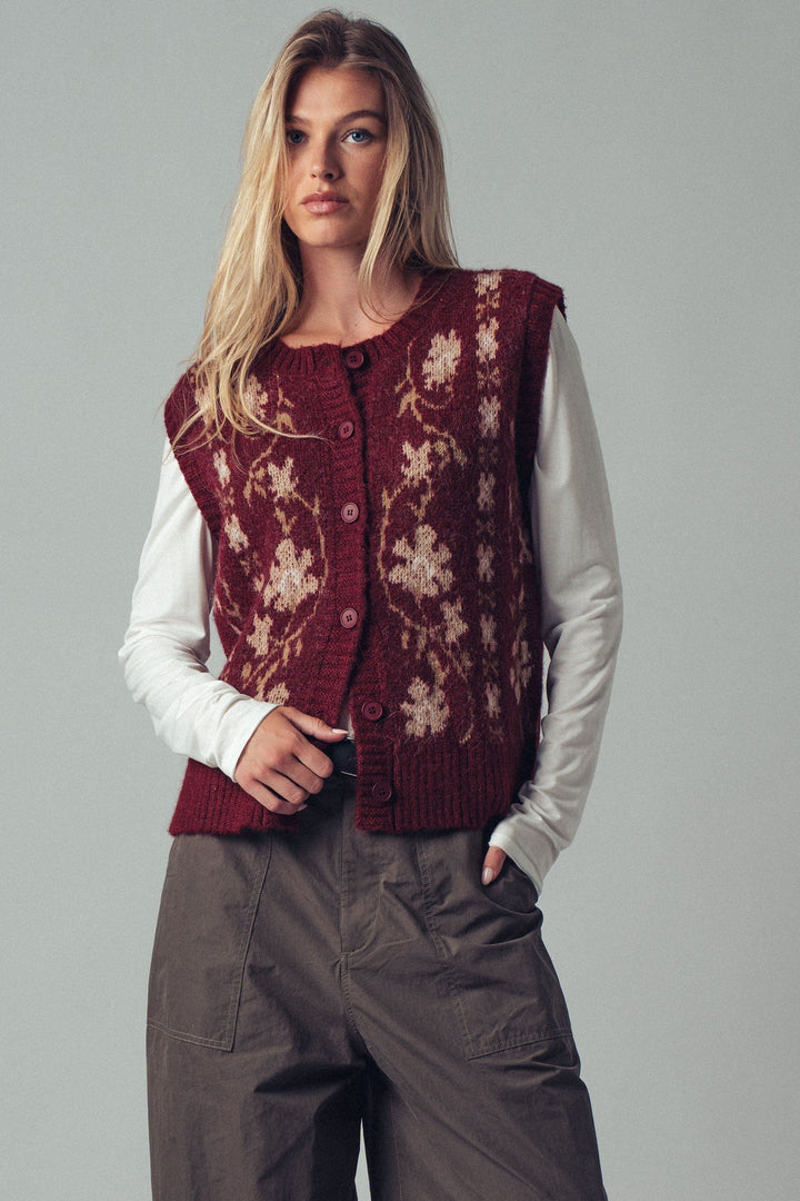 Chic Floral Knit Button Up Sweater Vest, additional view