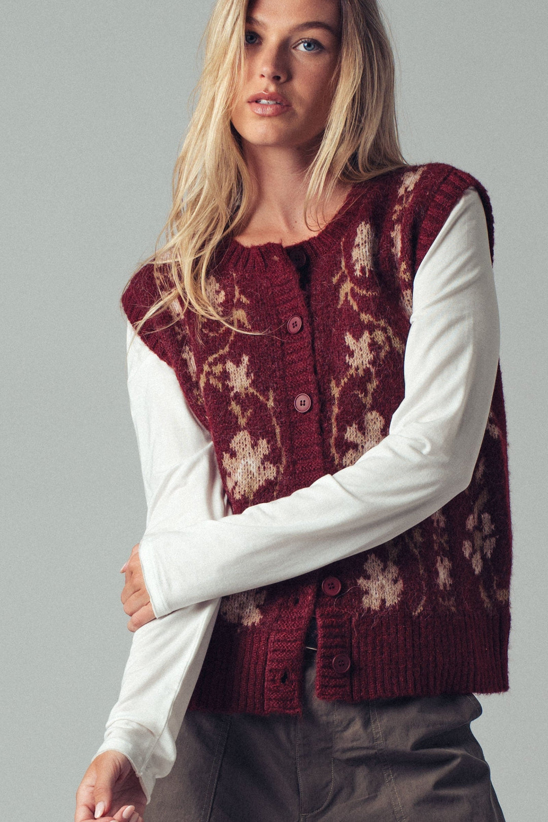 Chic Floral Knit Button Up Sweater Vest, additional view