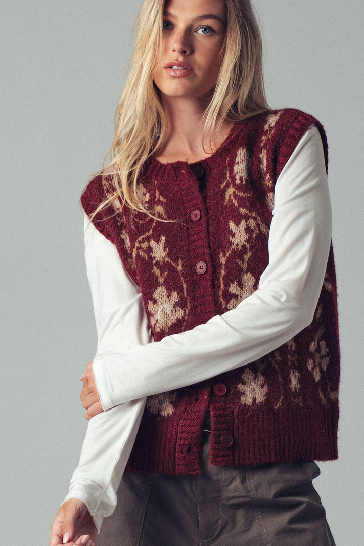 Chic Floral Knit Button Up Sweater Vest, additional view