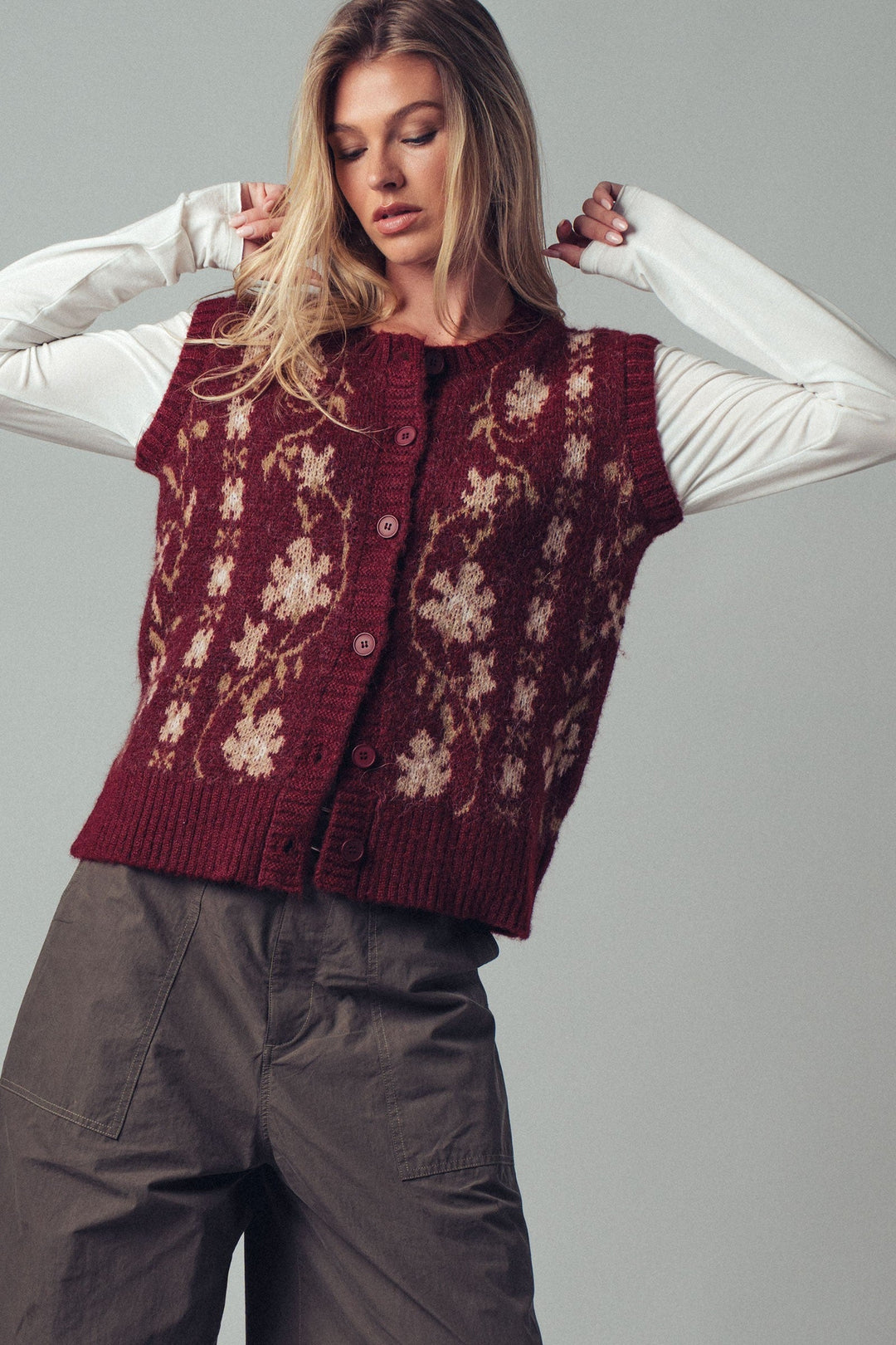 Chic Floral Knit Button Up Sweater Vest, additional view