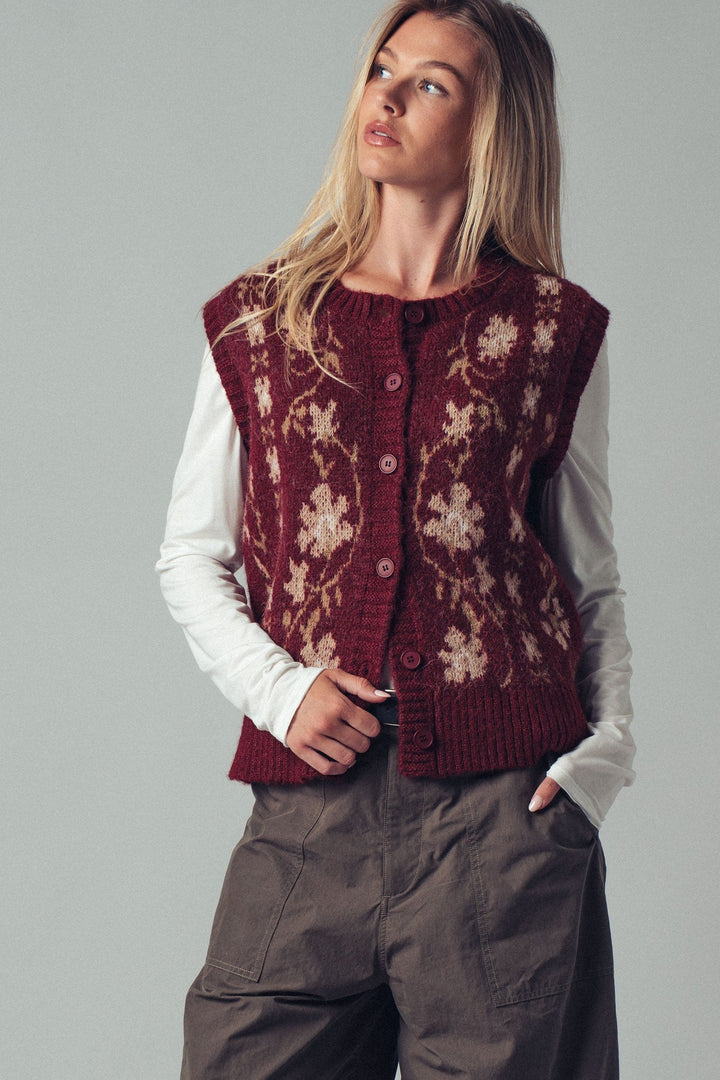 Chic Floral Knit Button Up Sweater Vest, additional view