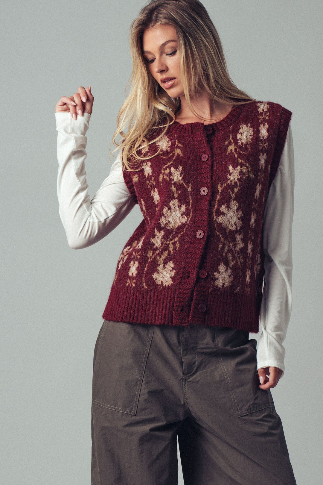 Chic Floral Knit Button Up Sweater Vest, additional view
