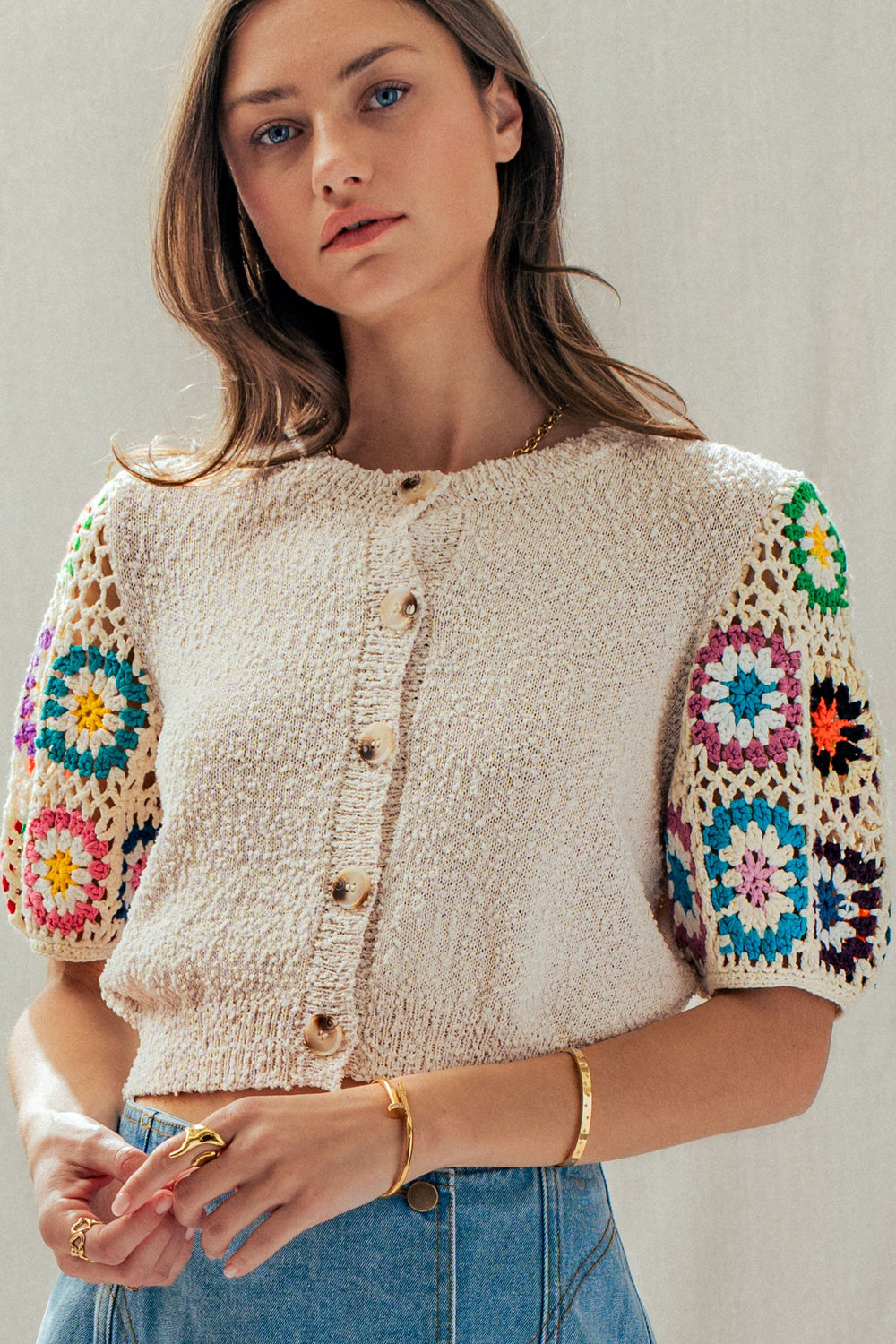 crochet sleeve short sleeve cardigan - taupe (additional view)