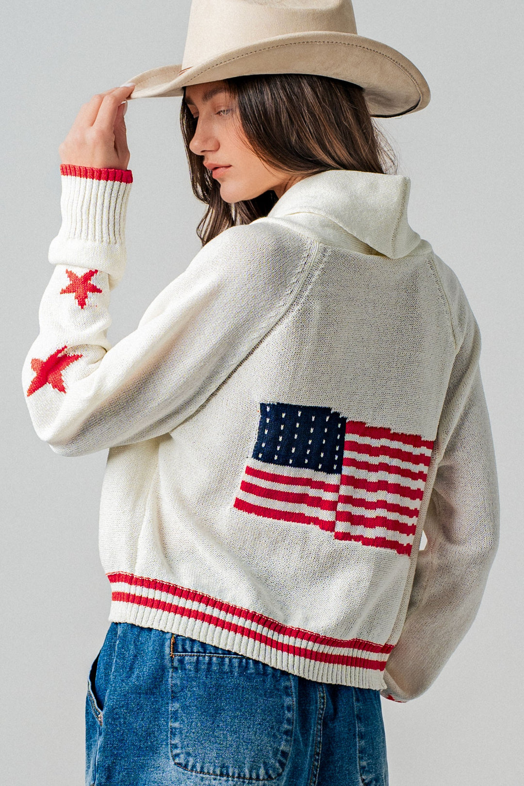 american flag knit cardigan - ivory