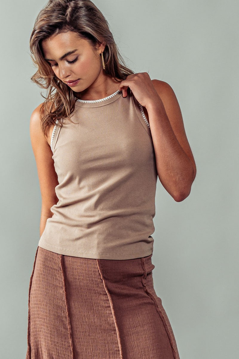 easy contrast stitch ribbed tank - taupe (additional view)
