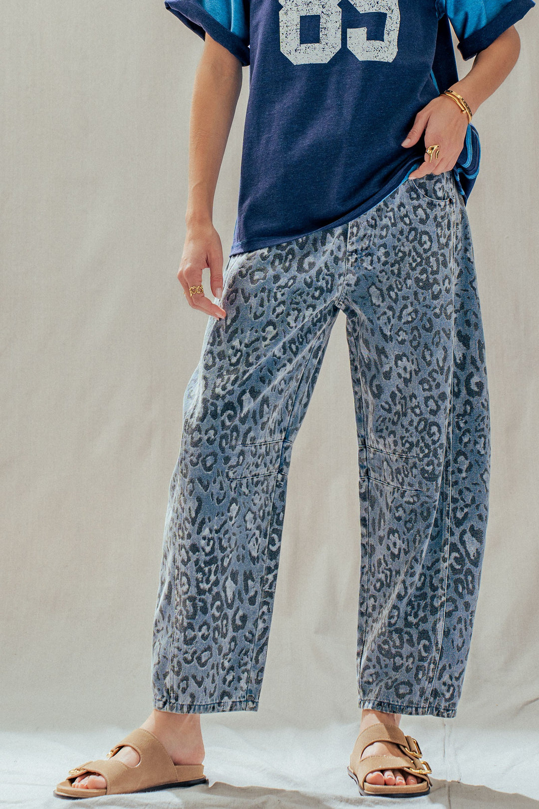 leopard camo denim barrel pants - leopard