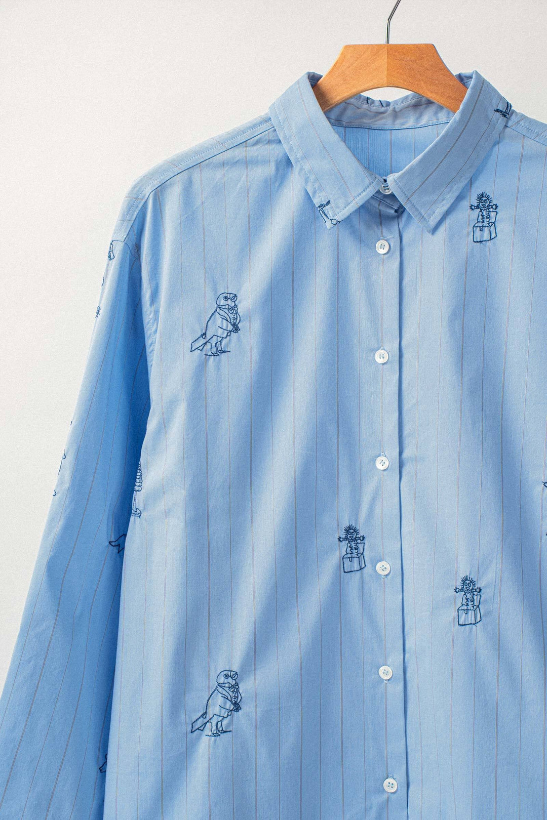 Playful Embroidered Animal Stripe Button-Up Shirt