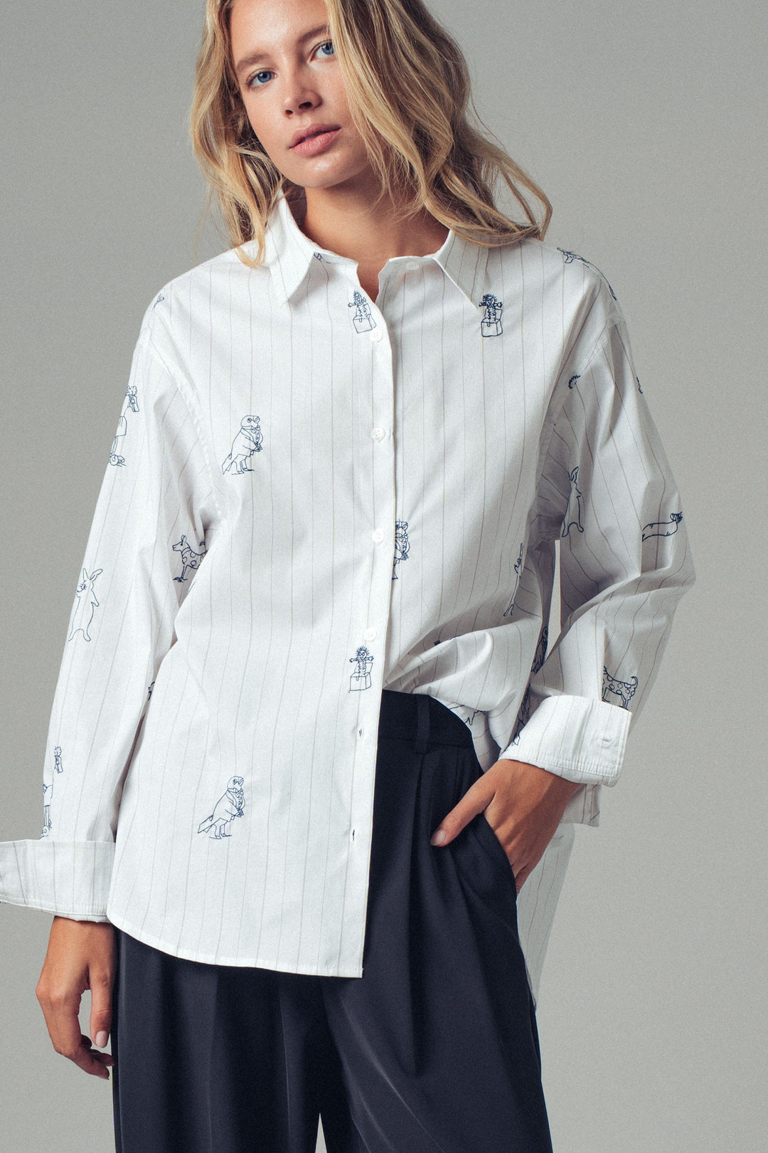 Playful Embroidered Animal Stripe Button-Up Shirt