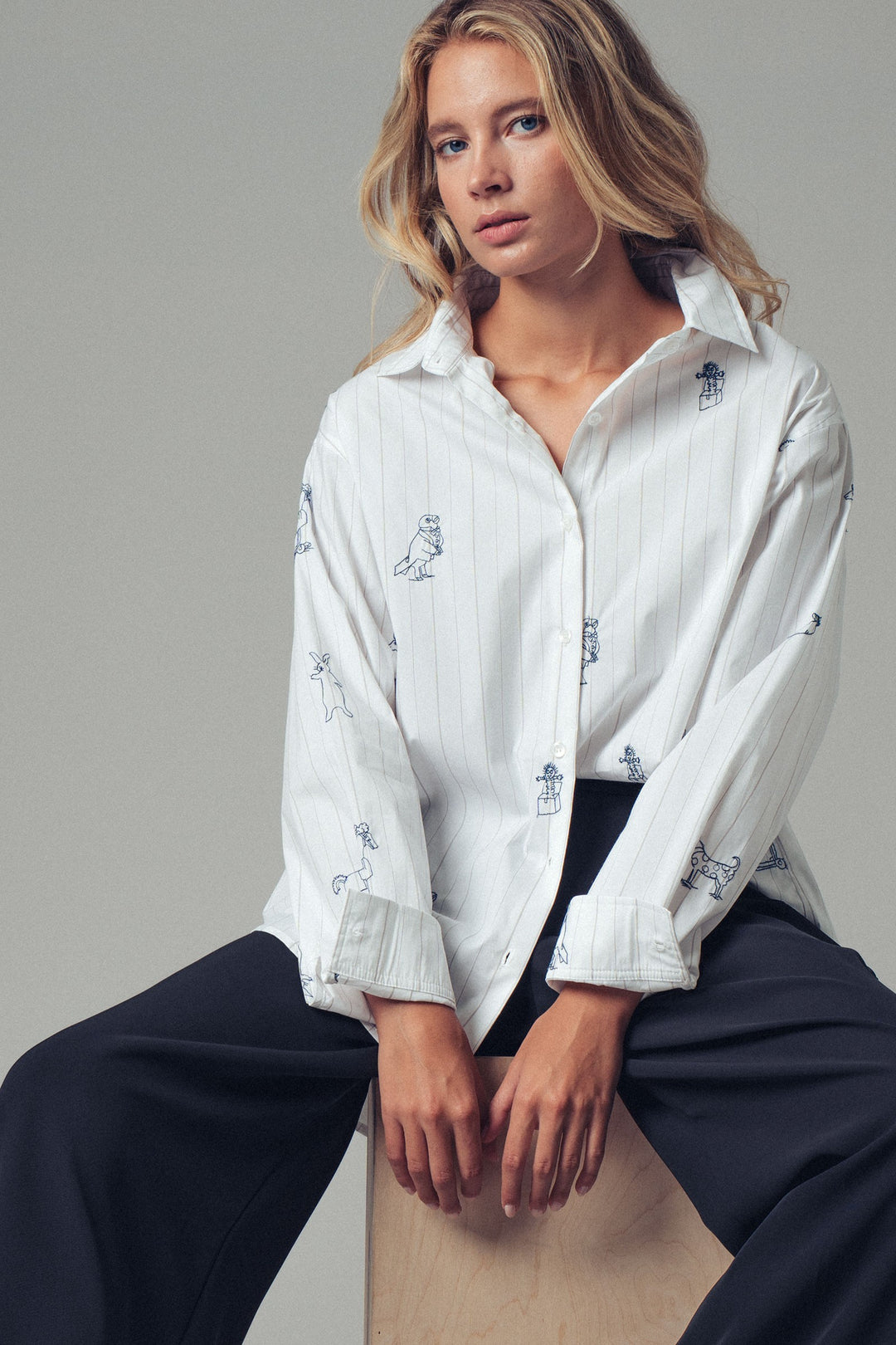 Playful Embroidered Animal Stripe Button-Up Shirt