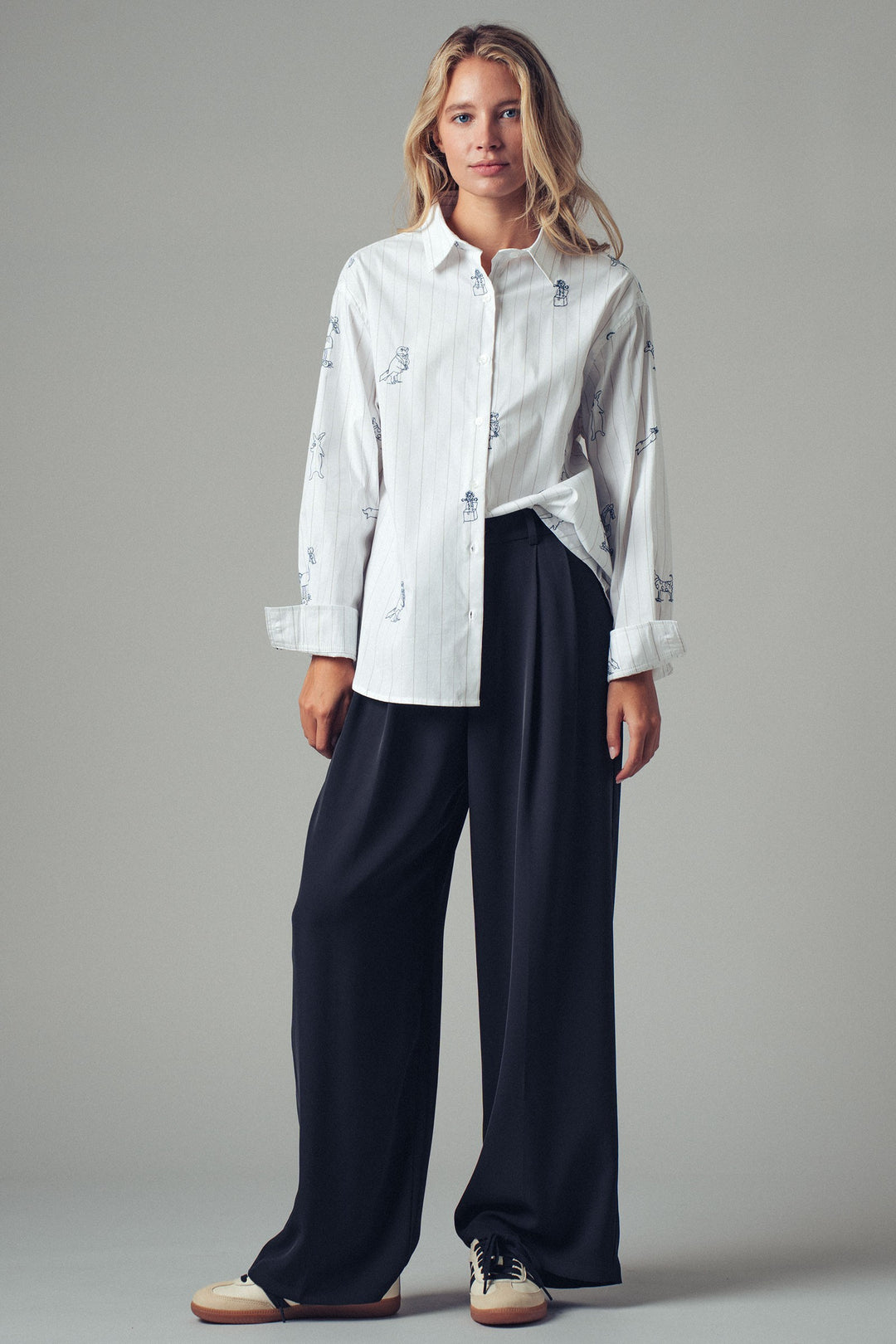 Playful Embroidered Animal Stripe Button-Up Shirt