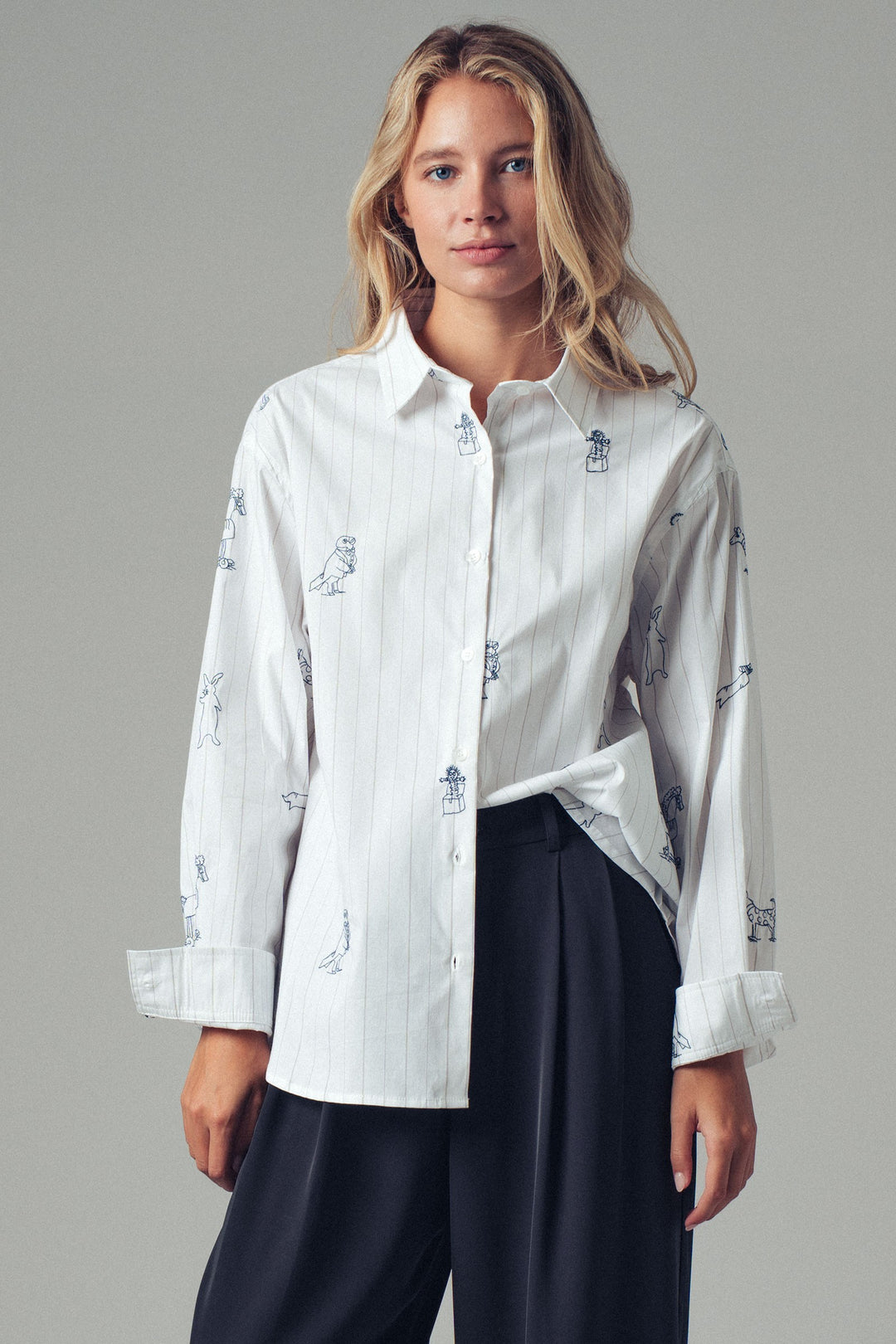 Playful Embroidered Animal Stripe Button-Up Shirt