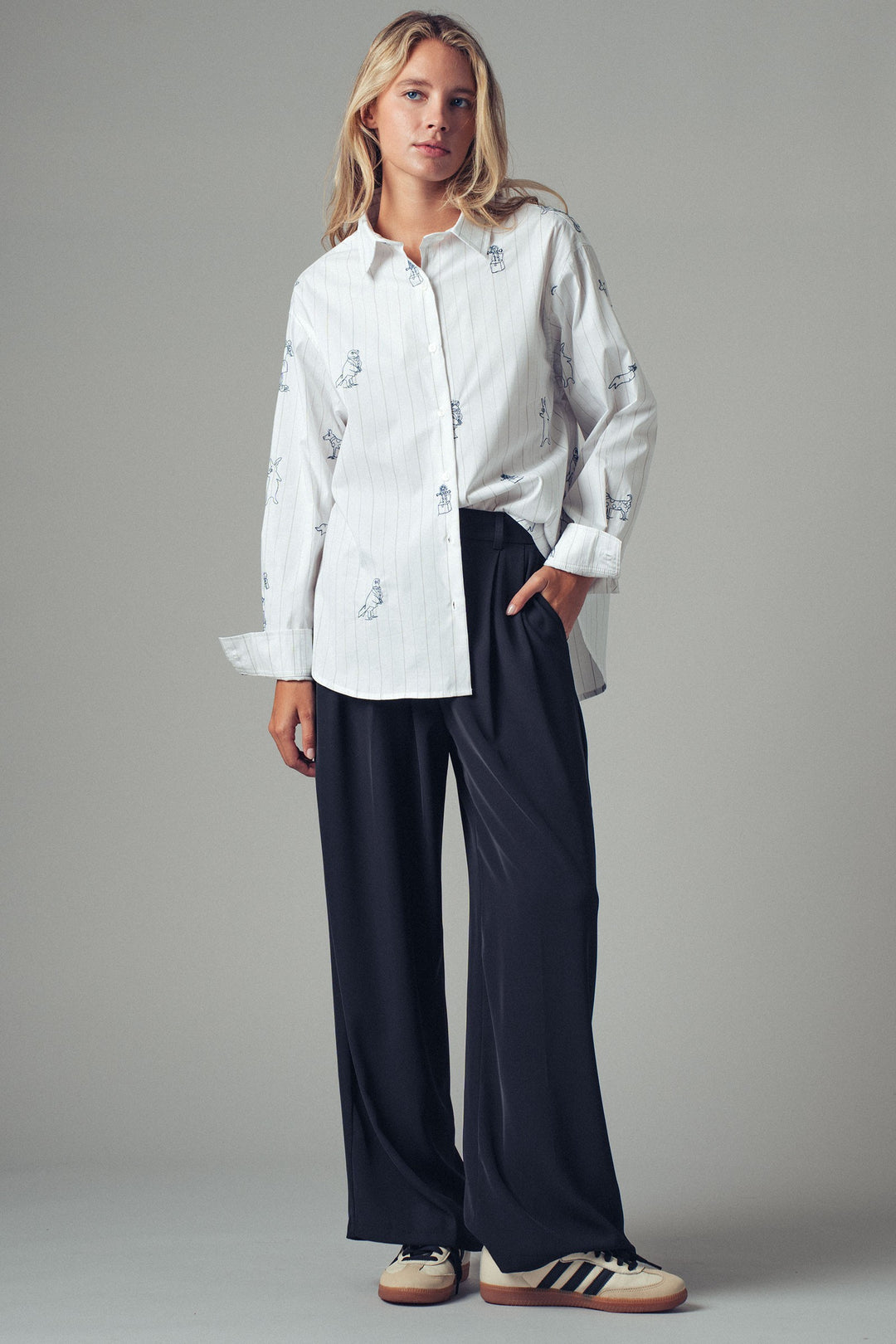 Playful Embroidered Animal Stripe Button-Up Shirt