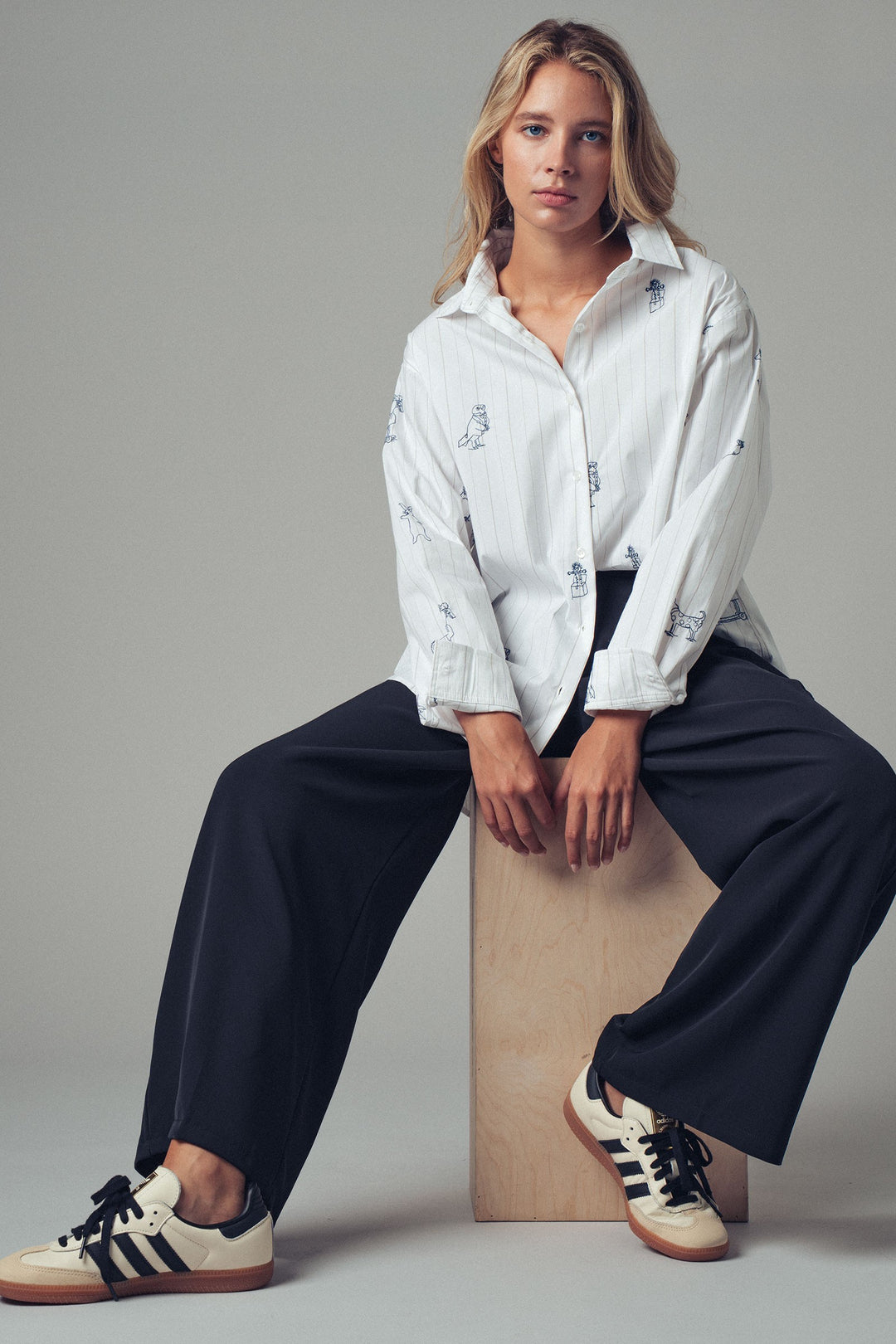 Playful Embroidered Animal Stripe Button-Up Shirt