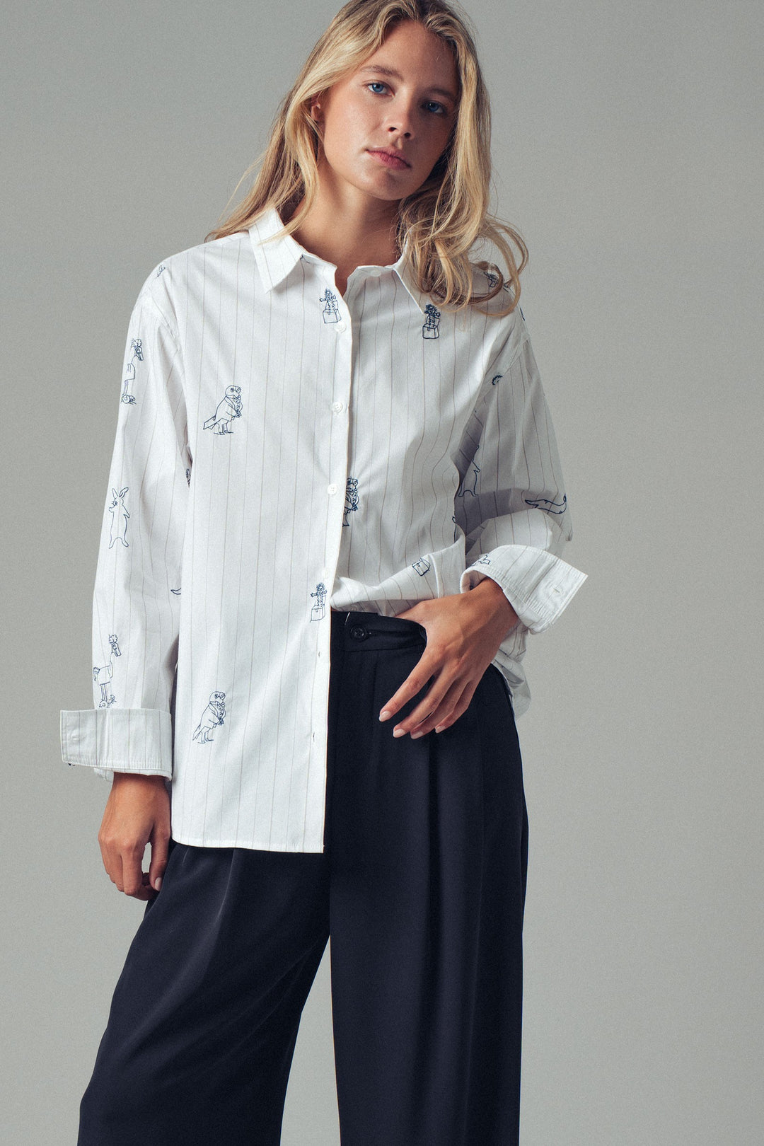 Playful Embroidered Animal Stripe Button-Up Shirt