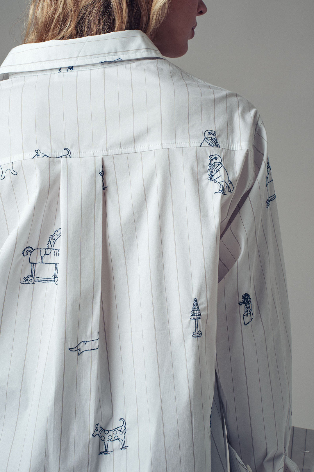 Playful Embroidered Animal Stripe Button-Up Shirt
