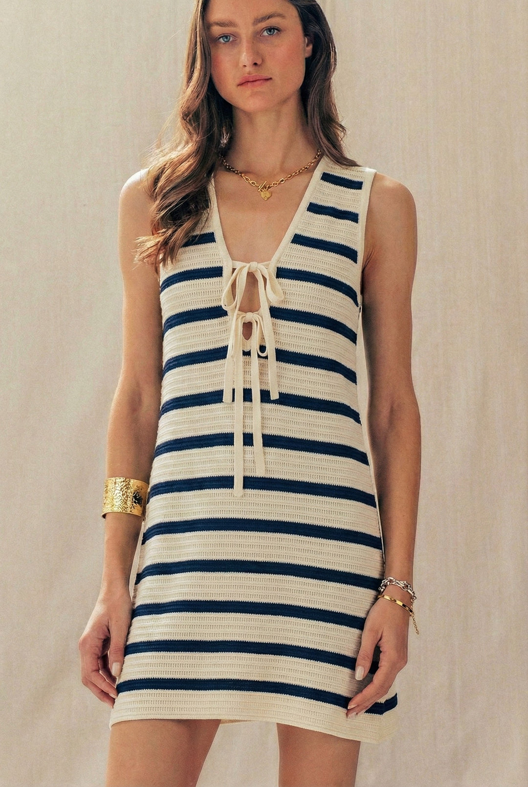 red hot stripe knit mini dress - ivory navy