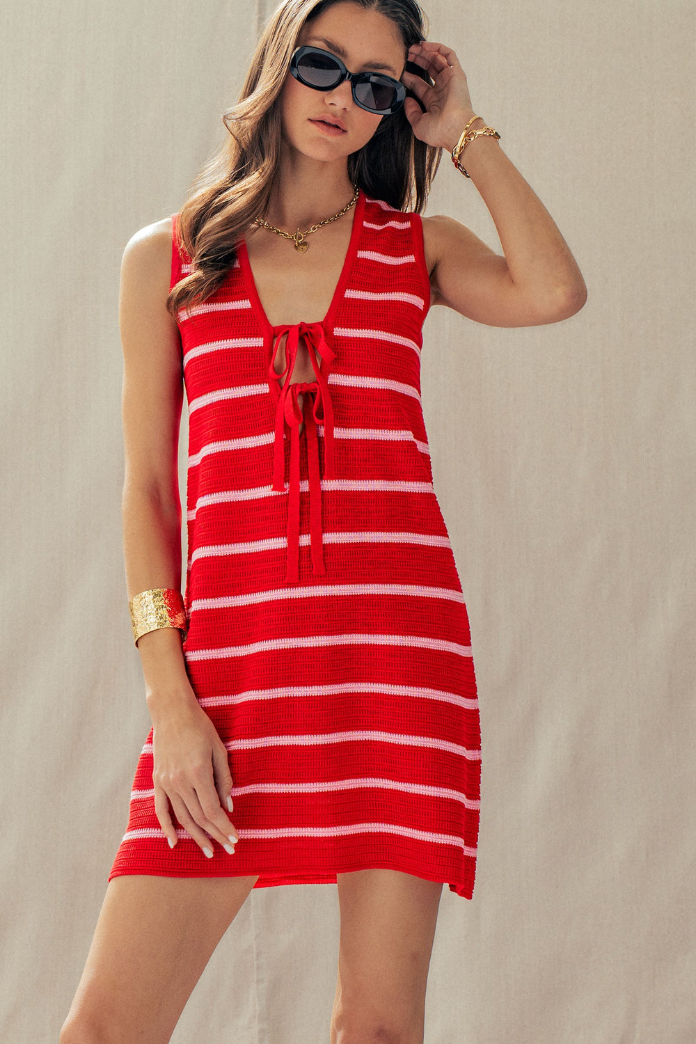 red hot stripe knit mini dress - red pink