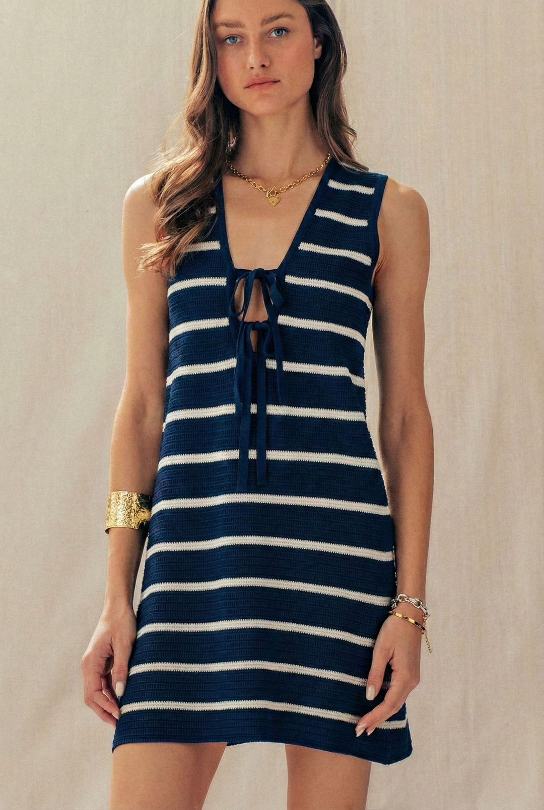 hot stripe knit mini dress - navy ivory