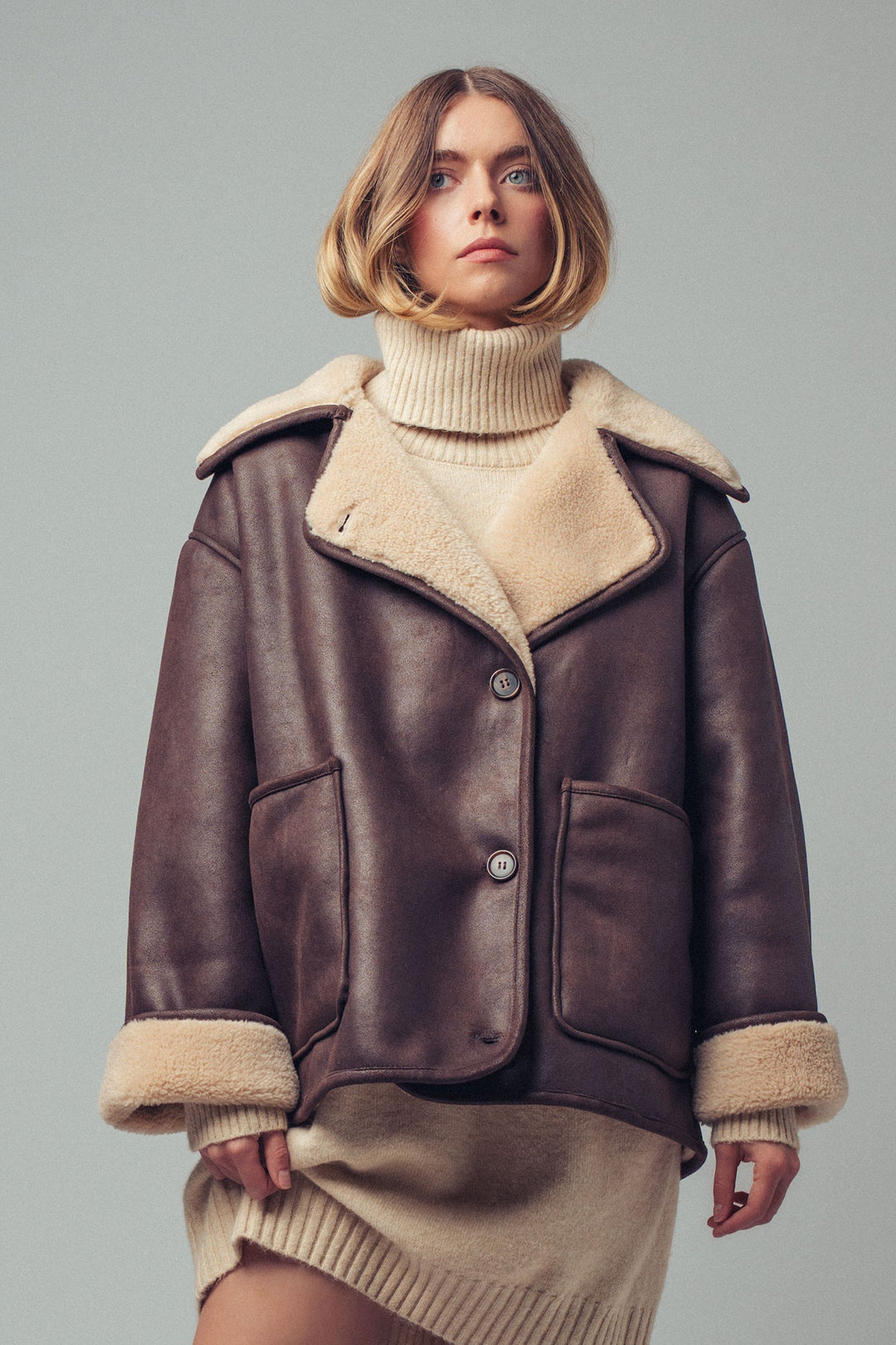 oversized shearling collar aviator jacket - brown