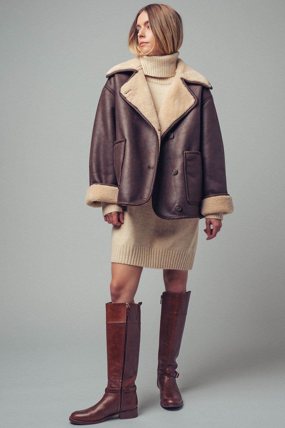oversized shearling collar aviator jacket - brown (additional view)