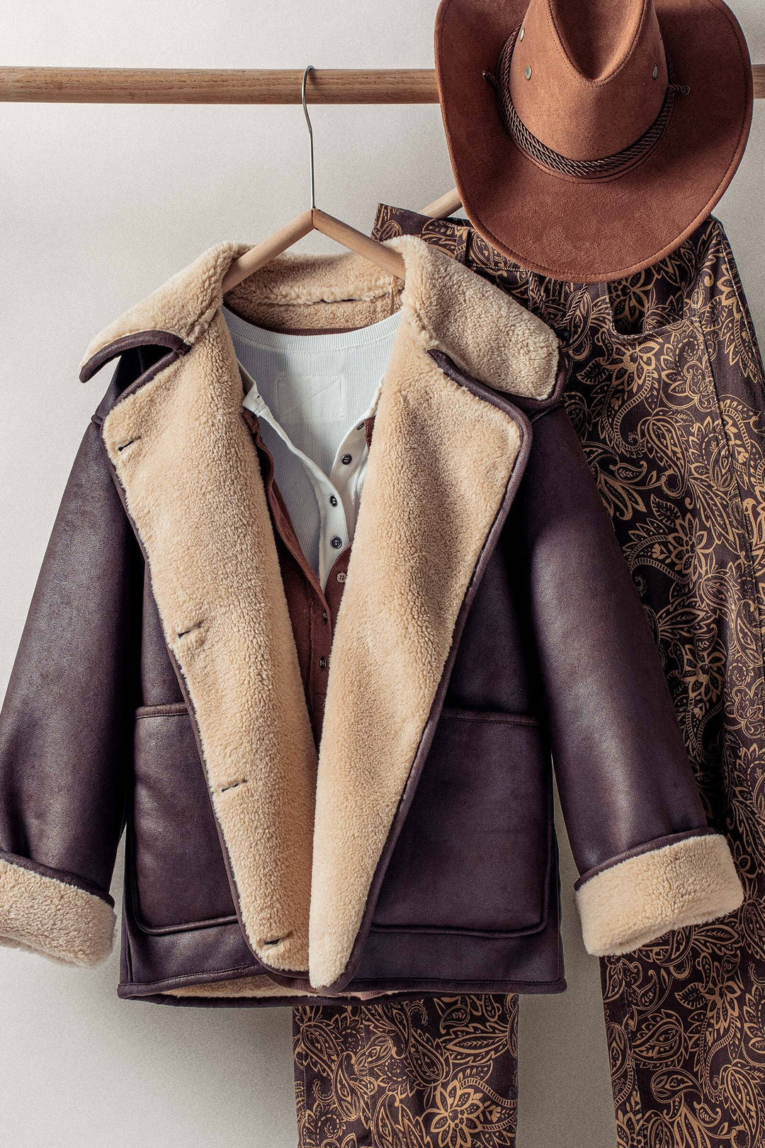 oversized shearling collar aviator jacket - brown