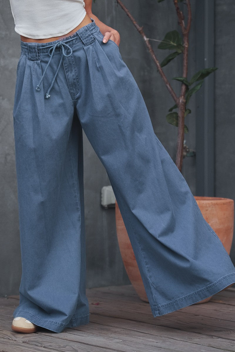 wide leg drawstring denim pants with pockets - denim