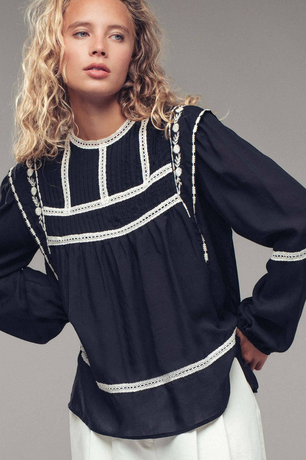 lace trim boho long sleeve blouse - black (additional view)