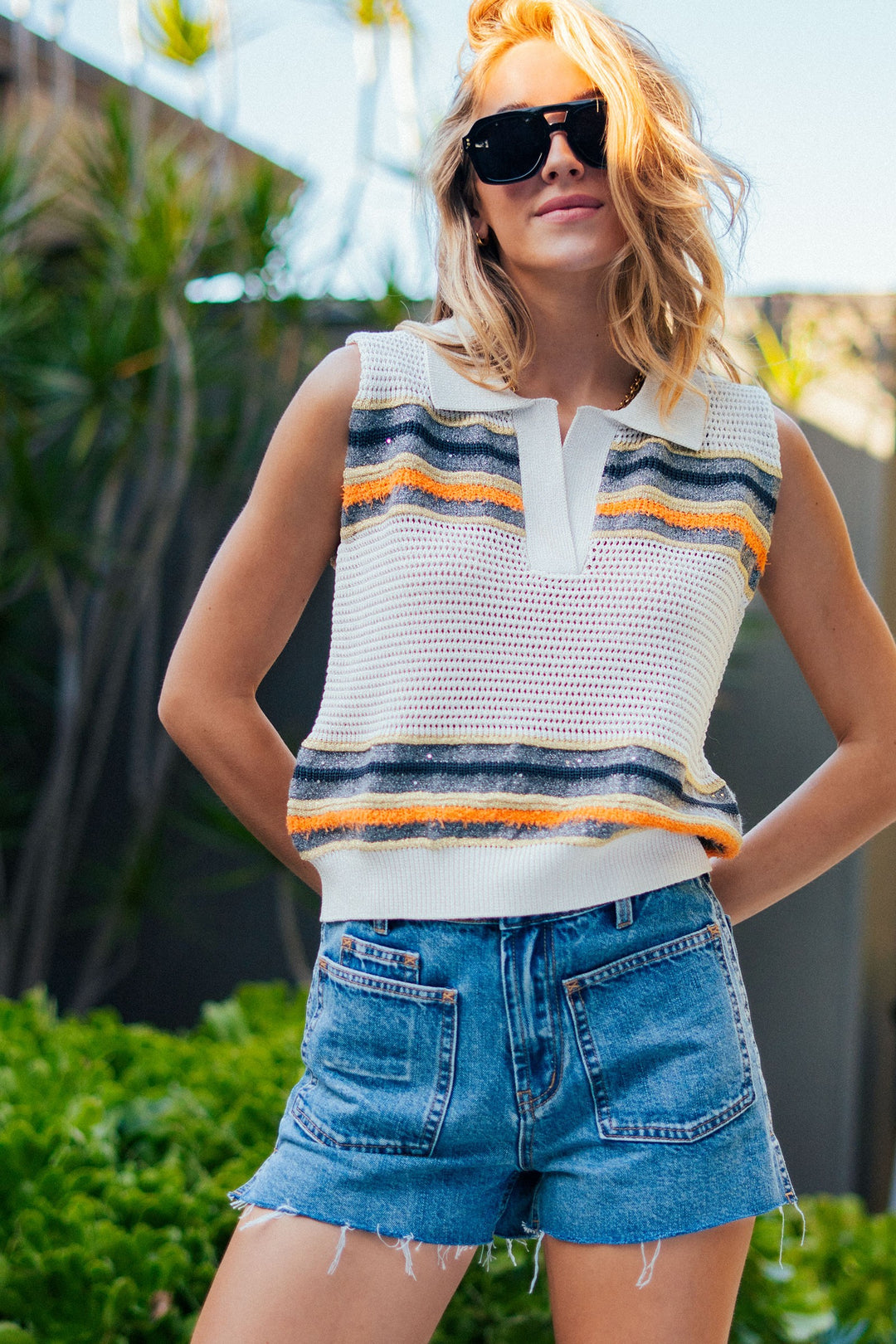 sunset stripe knit polo tank - grey orange (additional view)