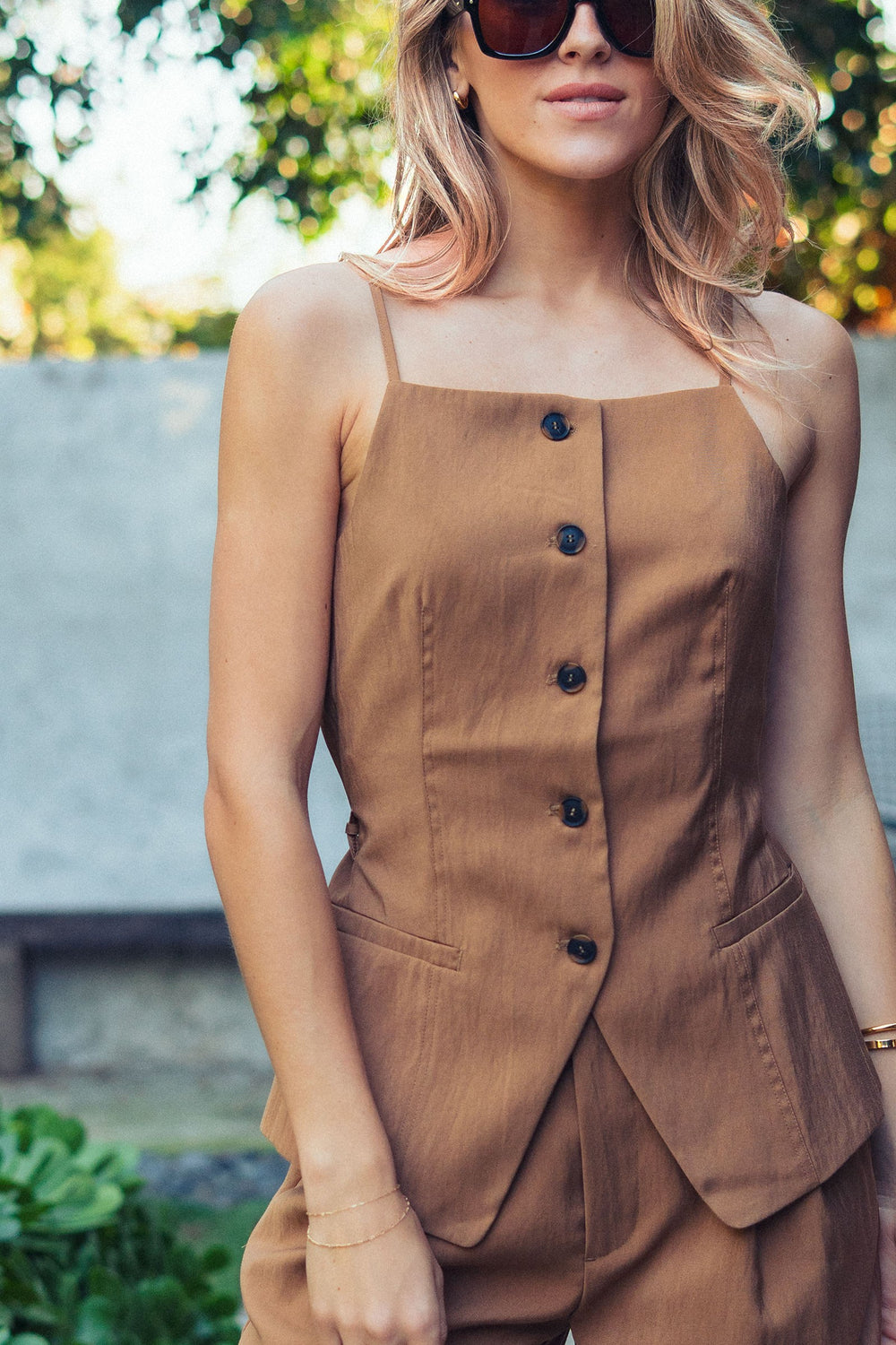 buttoned tie waist cami top - mocha (additional view)