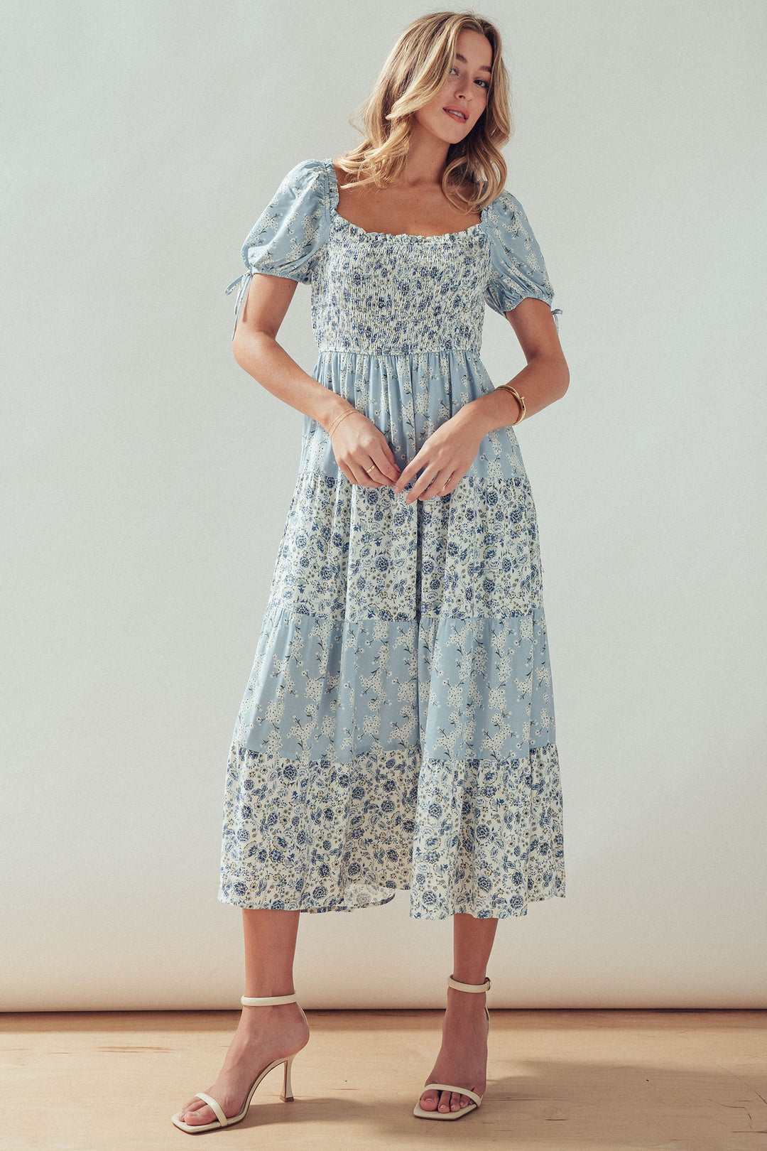 floral smocked midi dress - lt blue multi (additional view)