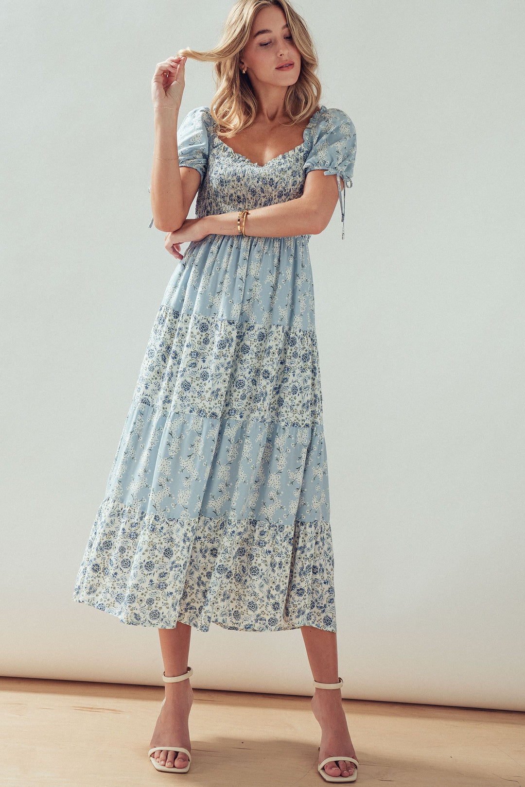 floral smocked midi dress - lt blue multi (additional view)