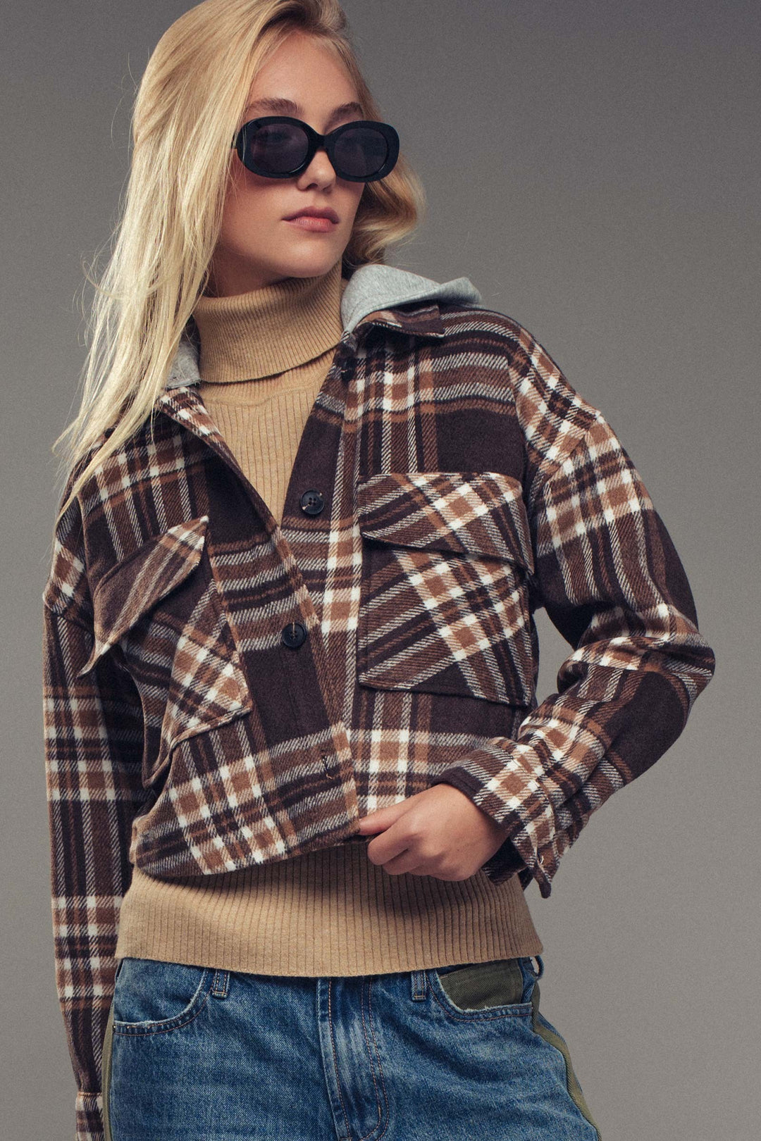 hoodie cropped plaid jacket - brown