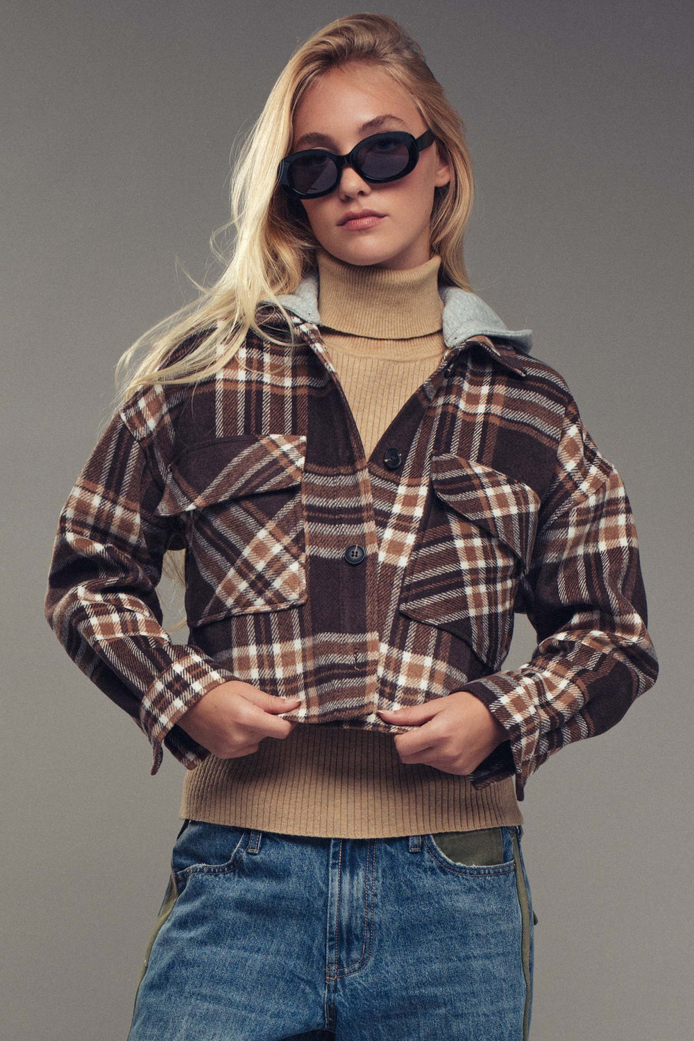 hoodie cropped plaid jacket - brown (additional view)