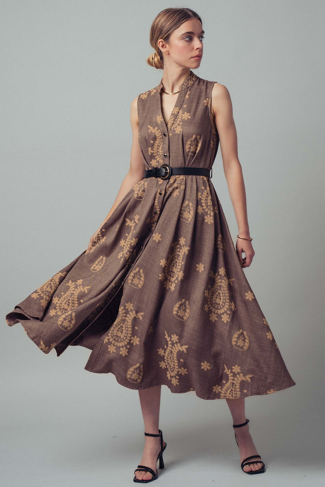 paisley sleeveless midi dress - mauve