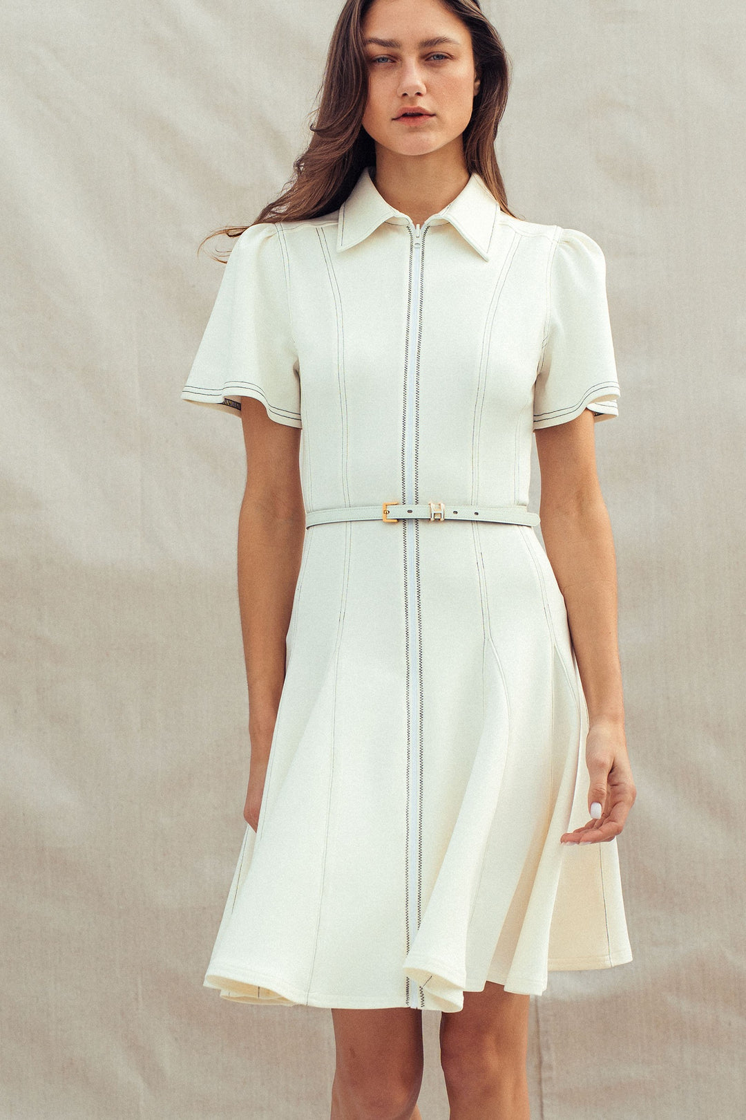 chic contrast stitch belted mini dress - ivory