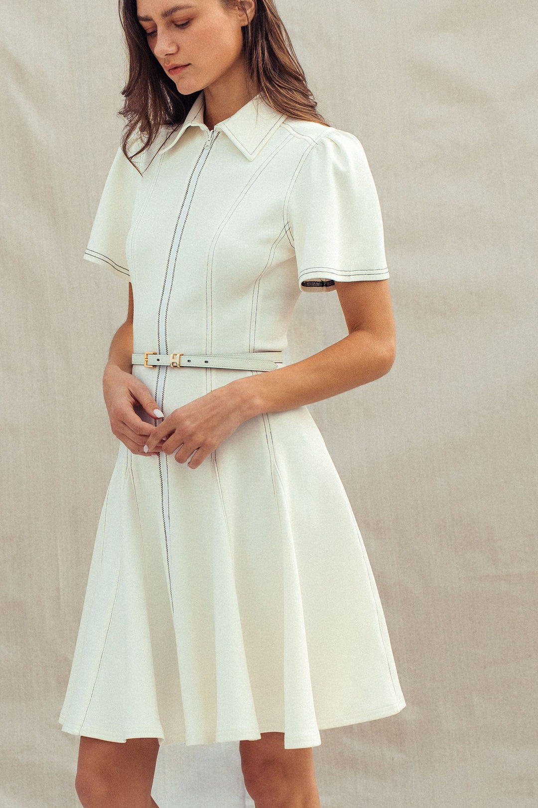 chic contrast stitch belted mini dress - ivory (additional view)