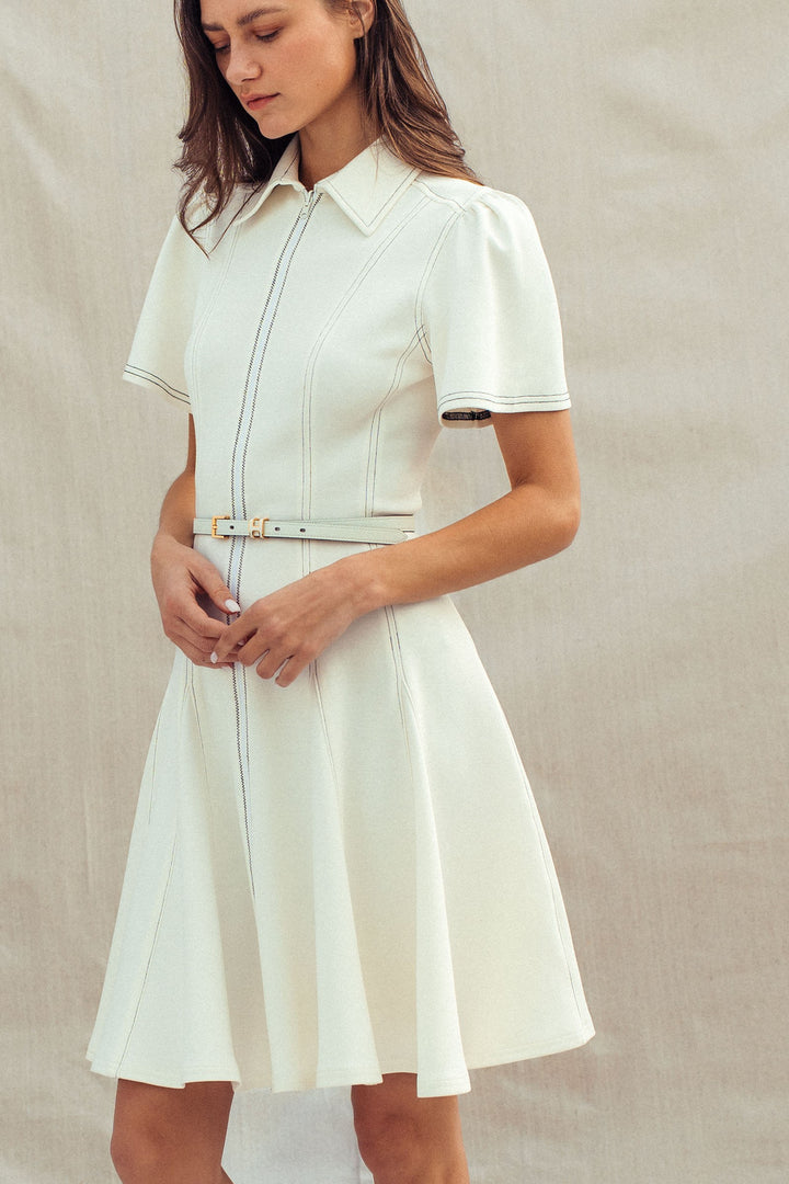 chic contrast stitch belted mini dress - ivory (additional view)