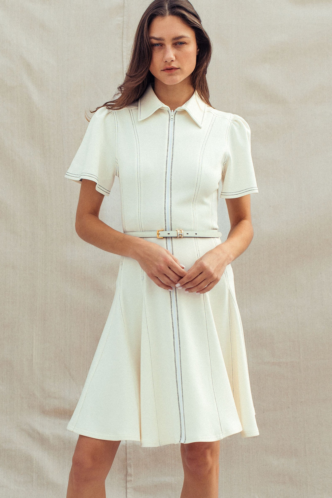 chic contrast stitch belted mini dress - ivory (additional view)