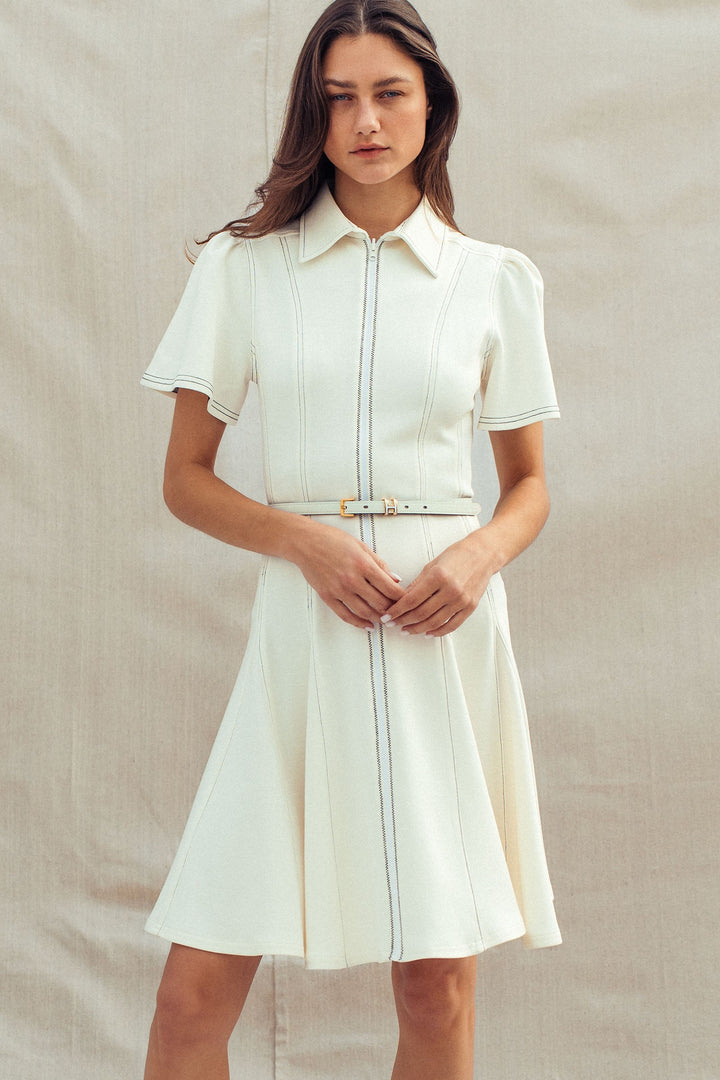 chic contrast stitch belted mini dress - ivory (additional view)
