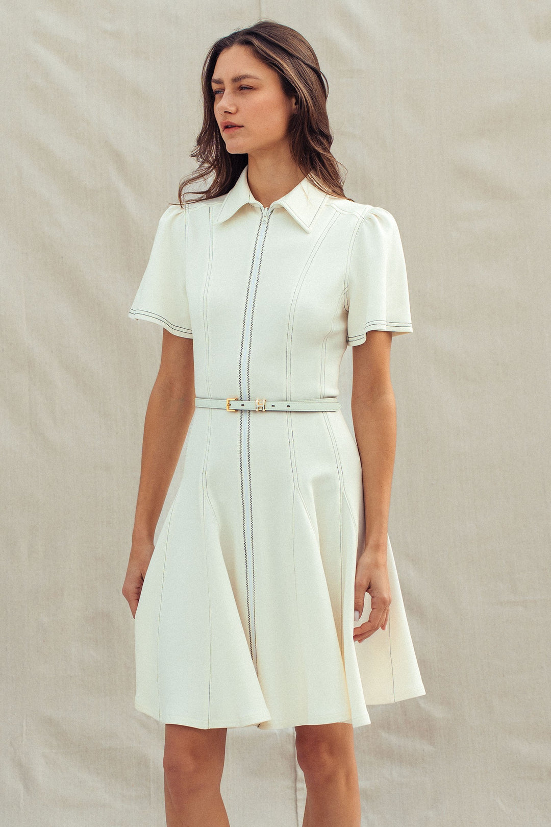 chic contrast stitch belted mini dress - ivory (additional view)