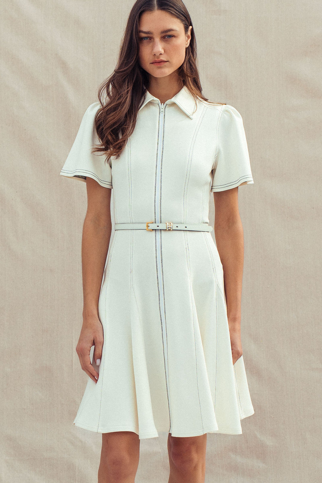 chic contrast stitch belted mini dress - ivory (additional view)