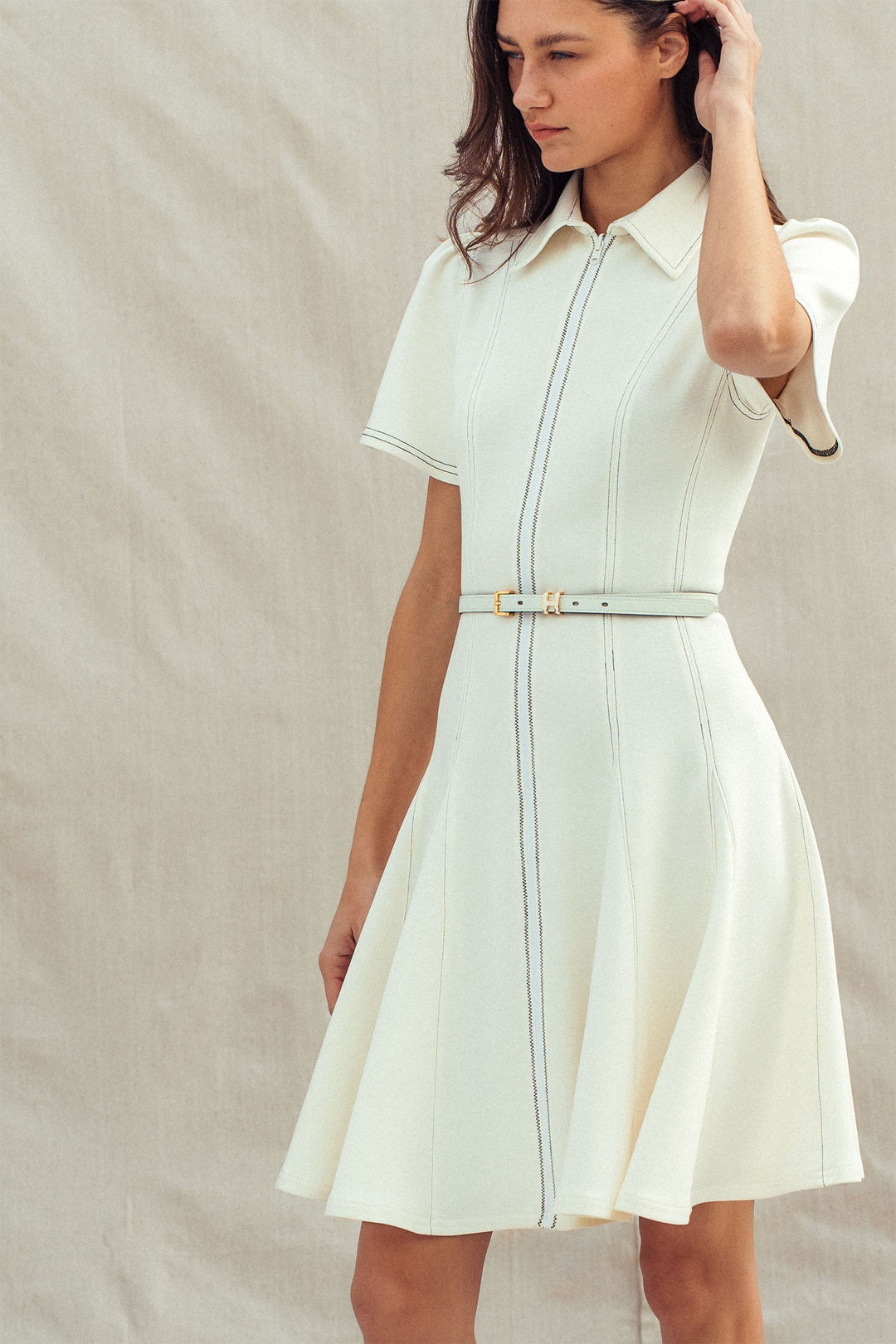 chic contrast stitch belted mini dress - ivory (additional view)