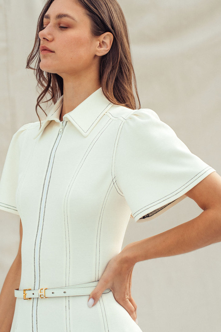 chic contrast stitch belted mini dress - ivory (additional view)